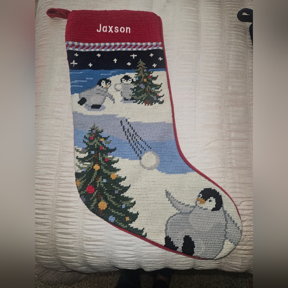 Red and Blue Holiday Stocking with Penguins